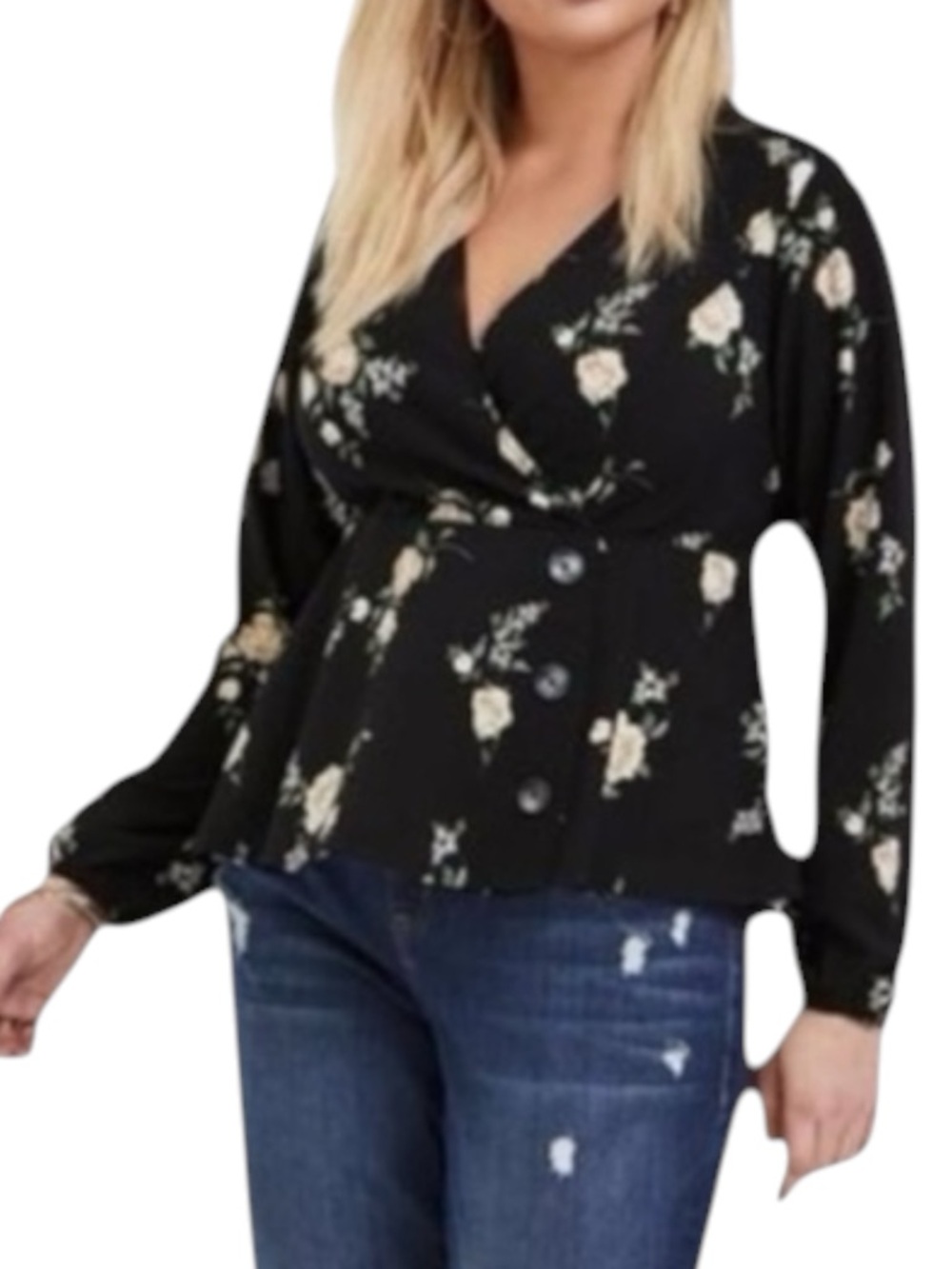 TORRID Floral Crepe Midi Peplum Long Sleeve Blouse in Black/White Size 0 (L)